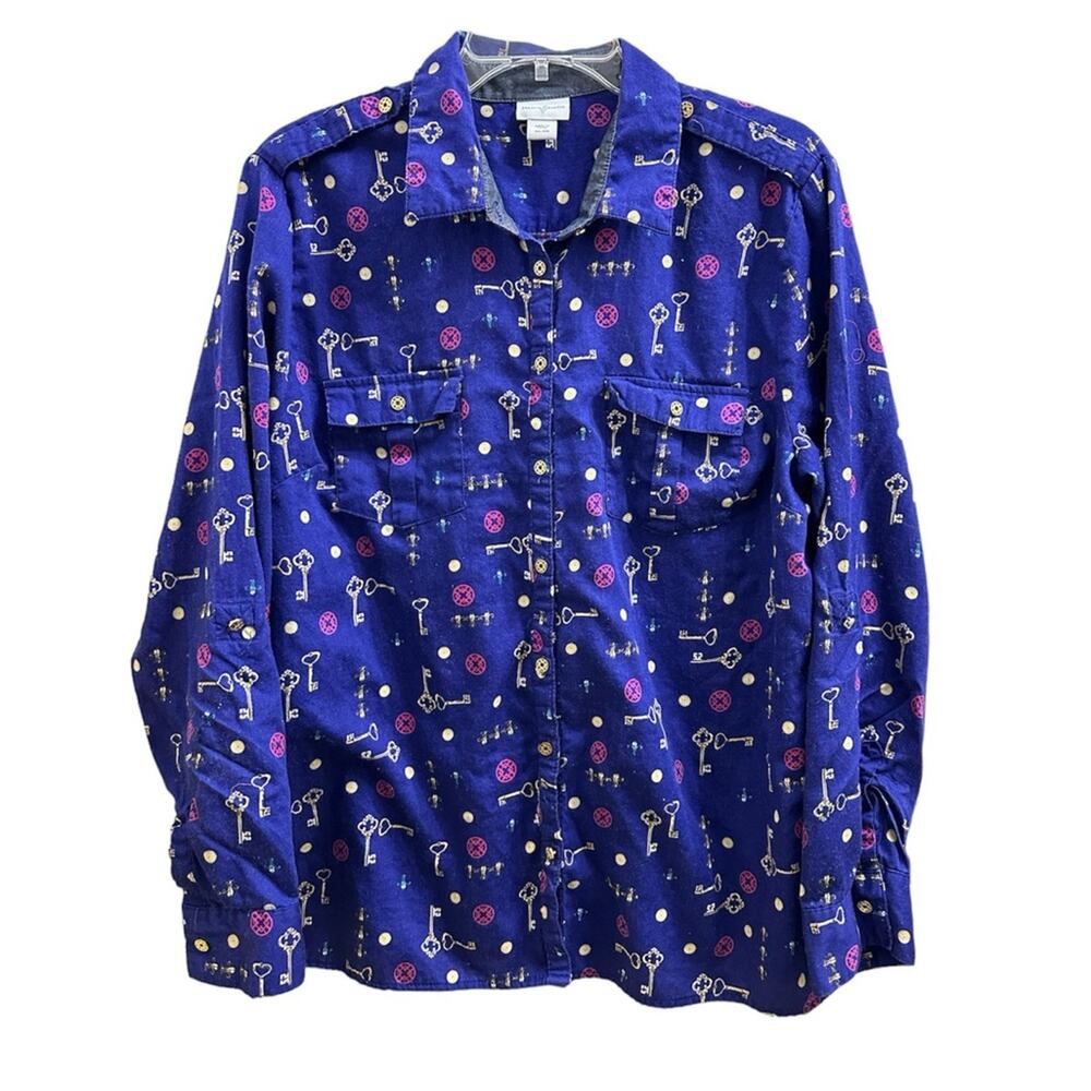 Jaclyn Smith Purple Key Pattern Longsleeve Button Up Top 80's 90's Dopamine!
